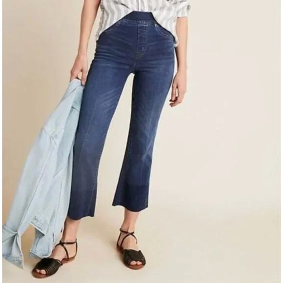 Spanx Jean Small Petite Cropped Flare Denim Colorblock Medium Wash Casual Office - Picture 2 of 15